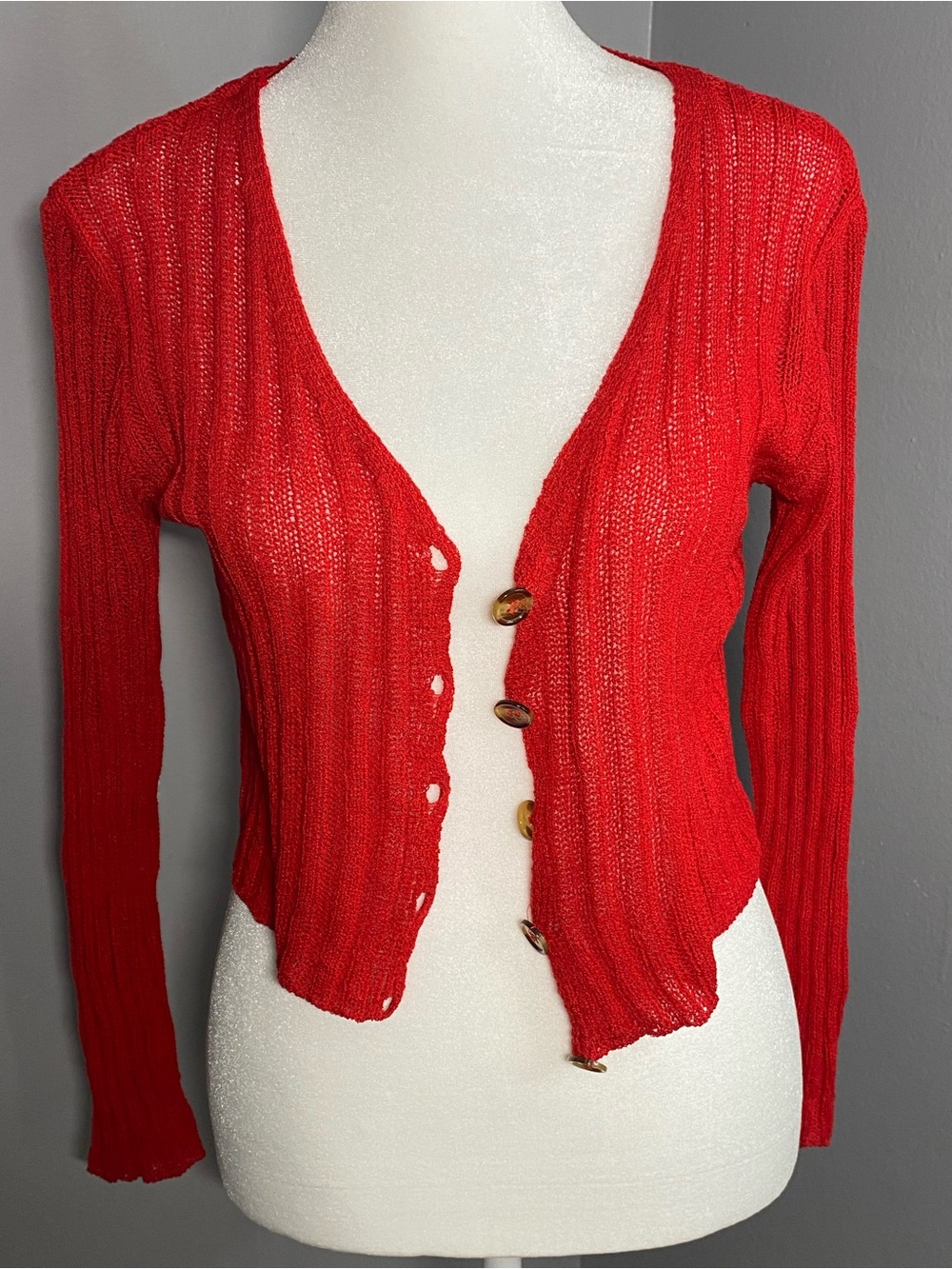 Red Ribbed V-Neck Women's Cardigan Sweater